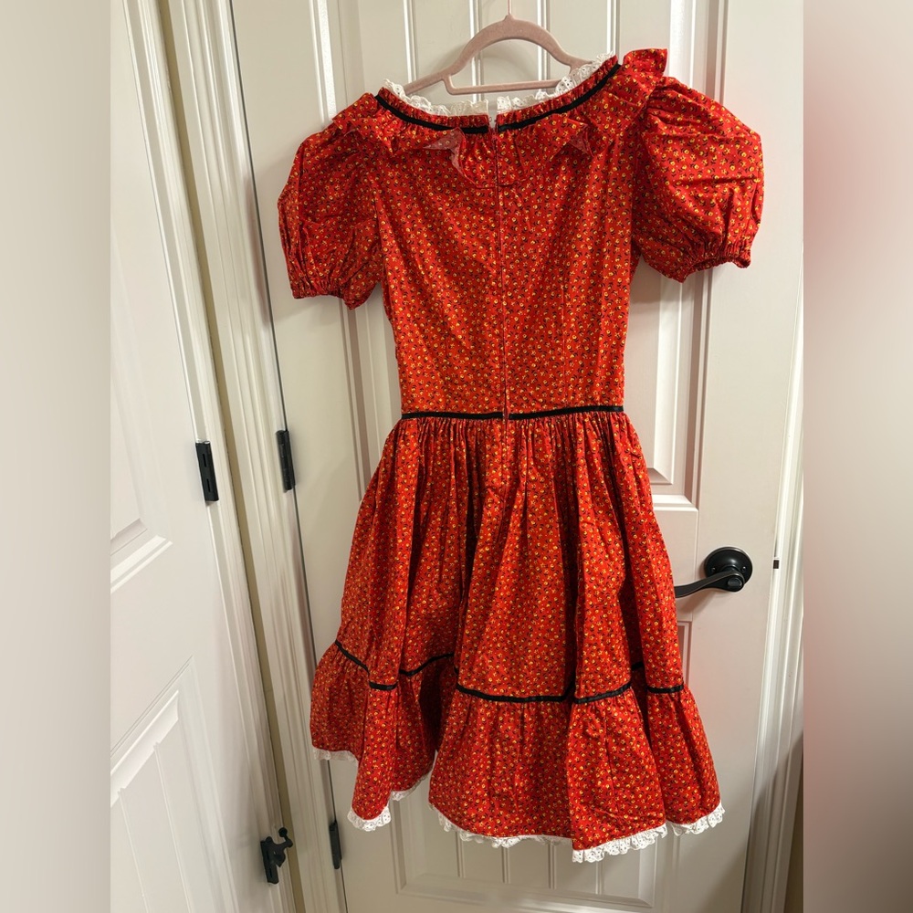 Vintage Custom Red Chintz Floral Square Dance Dress Ruffles & Ribbons Circle S - Picture 2 of 9